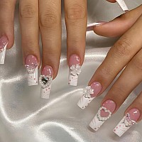 Wafoloze Long Press On Nails White French Tip Nails Press On Square Fakefalse Nails With Pearl Love Butterfly Press Ons Design