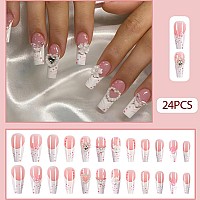 Wafoloze Long Press On Nails White French Tip Nails Press On Square Fakefalse Nails With Pearl Love Butterfly Press Ons Design