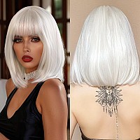 Allbell White Bob Wig For Women White Cosplay Wig With Bangs Straight Shoulder Length Hair Heat Resistant Fiber