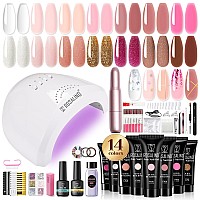 Rosalind Poly Nail Gel Kit 14 Colors 75 Nail Art Accessories Kit Clear Pink Nude Glitter Poly Gel With Big Uv Light 48W And E