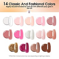 Rosalind Poly Nail Gel Kit 14 Colors 75 Nail Art Accessories Kit Clear Pink Nude Glitter Poly Gel With Big Uv Light 48W And E