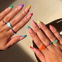 Mervf Almond Press On Nails Medium Fake Nails Colorful French Tip Stiletto Acrylic Nails Press Ons Glue On Nails With Rainbow De