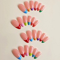 Mervf Almond Press On Nails Medium Fake Nails Colorful French Tip Stiletto Acrylic Nails Press Ons Glue On Nails With Rainbow De