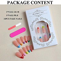 Mervf Almond Press On Nails Medium Fake Nails Colorful French Tip Stiletto Acrylic Nails Press Ons Glue On Nails With Rainbow De