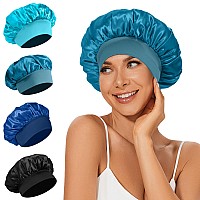 4Pcs Satin Bonnet Silk Bonnet Hair Bonnet For Sleeping Elastic Wide Band Silk Sleep Cap Shower Cap Soft And Breathable Blue