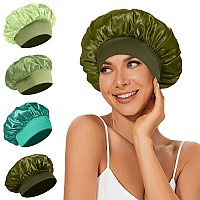 4Pcs Satin Bonnet Silk Bonnet Hair Bonnet For Sleeping Elastic Wide Band Silk Sleep Cap Shower Cap Soft And Breathable Green