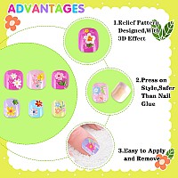 Janyun 192Pcs Kids Fake Nails Grils Artificial Preglue Full Cover Short False Nail Tips Stick On Nails For Kids Lovely Nail Ar