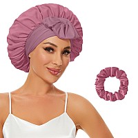 Silk Bonnet For Sleeping Satin Hair Bonnets Large Sleep Cap For Women Hair Wrap For Curly Hair Afros With Tie Band Rose Pink