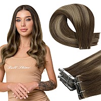 Full Shine Tape In Hair Extensions Human Hair 14Inch Machine Virgin Tape In Extensions Color Medium Brown To Honey Blonde Balaya