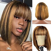 Rebasar 8 Inch Bob Wigs Human Hair With Bangs Straight Wigs Brazilian Virgin Hair Glueless Wear And Go Wig Ombre Blonde Highligh