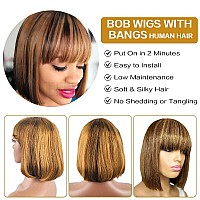 Rebasar 8 Inch Bob Wigs Human Hair With Bangs Straight Wigs Brazilian Virgin Hair Glueless Wear And Go Wig Ombre Blonde Highligh