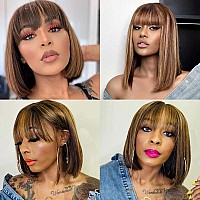 Rebasar 8 Inch Bob Wigs Human Hair With Bangs Straight Wigs Brazilian Virgin Hair Glueless Wear And Go Wig Ombre Blonde Highligh