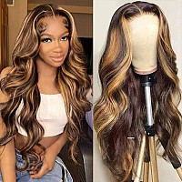 427 Highlight Body Wave Lace Front Wigs Human Hair Pre Plucked 13X4 Hd Lace Frontal Wig With Baby Hair 180 Density Ombre Brown