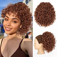 Alxnan Wavy Curly Ponytail Extension 8 Medium Auburn Drawstring Ponytail For Black Women Short Soft Natural Synthetic Hairpiec