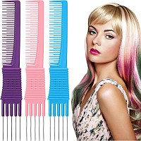 Leinuosen 3 Pack Carbon Lift Teasing Combs With Metal Prong Salon Teasing Back Combs Celcon Blue Pink Purple