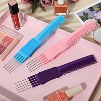 Leinuosen 3 Pack Carbon Lift Teasing Combs With Metal Prong Salon Teasing Back Combs Celcon Blue Pink Purple