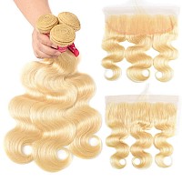 Aopusi 613 Frontal With Bundles 613 Bleached Blonde Human Hair 3 Bundles And Transparent Color Ear To Ear Lace Frontal Brazilian