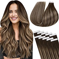 Laavoo Real Hair Tape In Extensions Human Hair Balayage Ombre Tape In Hair Extensions Dark Brown Mix With Caramel Blonde Tape Ex