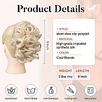 Flufymooz Ponytail Extension 9 Short Claw Clip Curly Pony Tail Extension Jaw Ponytail Hairpiece For Women Cool Blonde