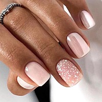 Square Press On Nails Short Pink Tender Fake Nails Glitter Pearl Nail Art Acrylic Nails Press Ons Cute Natural Sweet Style Full