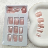 Square Press On Nails Short Pink Tender Fake Nails Glitter Pearl Nail Art Acrylic Nails Press Ons Cute Natural Sweet Style Full