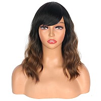 Symeiw Short Wavy Wig With Bangs For Women Shoulder Length Brown Synthetic Wigs Natural Wavy Black To Brown Wigs Heat Resistant