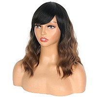 Symeiw Short Wavy Wig With Bangs For Women Shoulder Length Brown Synthetic Wigs Natural Wavy Black To Brown Wigs Heat Resistant