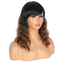 Symeiw Short Wavy Wig With Bangs For Women Shoulder Length Brown Synthetic Wigs Natural Wavy Black To Brown Wigs Heat Resistant