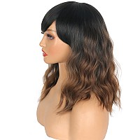 Symeiw Short Wavy Wig With Bangs For Women Shoulder Length Brown Synthetic Wigs Natural Wavy Black To Brown Wigs Heat Resistant