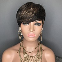 Hotkis Pixie Wigs For Blakc Women Short Human Hair Wigs Short Brown Pixie Cut Wig Human Hair Short Wigs Human Hair With Bangs St