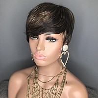 Hotkis Pixie Wigs For Blakc Women Short Human Hair Wigs Short Brown Pixie Cut Wig Human Hair Short Wigs Human Hair With Bangs St