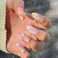 Imsohot Press On Nails Almond Medium Fake Nails Colorful Bubble Bead Designs Glossy Full Cover Acrylic False Nails Glue On Nails