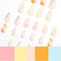 Imsohot Press On Nails Almond Medium Fake Nails Colorful Bubble Bead Designs Glossy Full Cover Acrylic False Nails Glue On Nails