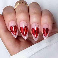 Imsohot Almond Press On Nails Medium Nude Fake Nails Shiny Laser Red Heart Designs Cute Glue On Nails Glossy Acrylic False Nails