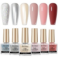 Bevimee Quick Dry Regular Nail Polish Set 6 Colors Silver Glitter Metallic Pearl Nail Polish Nude Pink Red Jelly Nail Lacquer