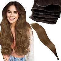 Laavoo Hand Tied Weft Hair Extensions Real Human Hair 25G 16 Inch Genius Weft Extensions Virgin Hair Ombre Dark Brown To Light B