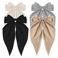 Atoden Oversized Long Tail Hair Accessories Silky Satin Bowknot Barrettes With Metal Clips For Women In Beige Grey Khaki An