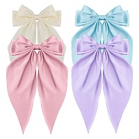 Atoden Womens Hair Accessories 4Pcs Oversized Satin Long Tail Bowknot Hair Clips With Metal Barrettes In Beige Pink Blue P