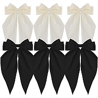 Atoden Oversized Hair Barrettes Silky Satin Bowknot Clips Long Tail Ribbons For Women Black White Beige 6Pcs