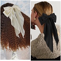 Atoden Oversized Hair Barrettes Silky Satin Bowknot Clips Long Tail Ribbons For Women Black White Beige 6Pcs