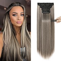 Reecho 28 Straight Long 4 Pcs Set Thick Clip In On Hair Extensions Ash Brown With Platinum Blonde Highlights