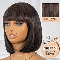 Toyotress Brown Highlight Bob Wigs With Bangs 10 Inch Blunt Cut Yaki Straight Daily Costume Wig For Black Women Short Synthet