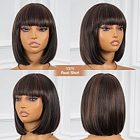 Toyotress Brown Highlight Bob Wigs With Bangs 10 Inch Blunt Cut Yaki Straight Daily Costume Wig For Black Women Short Synthet