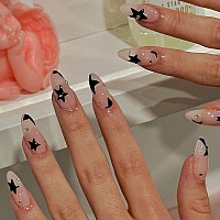 Press On Nails Medium Almond Mabkjlf Fake Nails Full Cover False Nails With Black Stars Designs Rhinestones Glossy Acrylic Nails