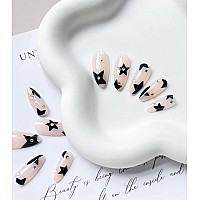 Press On Nails Medium Almond Mabkjlf Fake Nails Full Cover False Nails With Black Stars Designs Rhinestones Glossy Acrylic Nails