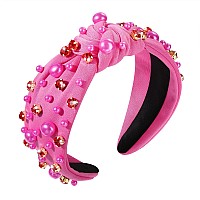 Valentines Day Headband Pearl Rhinestone Knotted Headband For Women Valentines Holiday Hot Pink Wide Twist Jeweled Hairband Val