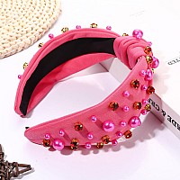 Valentines Day Headband Pearl Rhinestone Knotted Headband For Women Valentines Holiday Hot Pink Wide Twist Jeweled Hairband Val