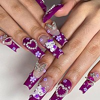 24Pcs Purple Coffin Nails Press On Nails 3D Flowers Pearl Butterfly Nail Charms Design Fake Nails With Glue Purple Acrylic Nails