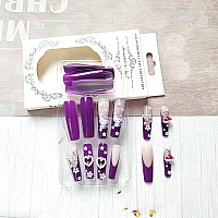 24Pcs Purple Coffin Nails Press On Nails 3D Flowers Pearl Butterfly Nail Charms Design Fake Nails With Glue Purple Acrylic Nails