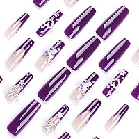 24Pcs Purple Coffin Nails Press On Nails 3D Flowers Pearl Butterfly Nail Charms Design Fake Nails With Glue Purple Acrylic Nails